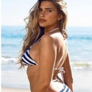 Relleciga purplish blue and white striped bikini top NWT size L